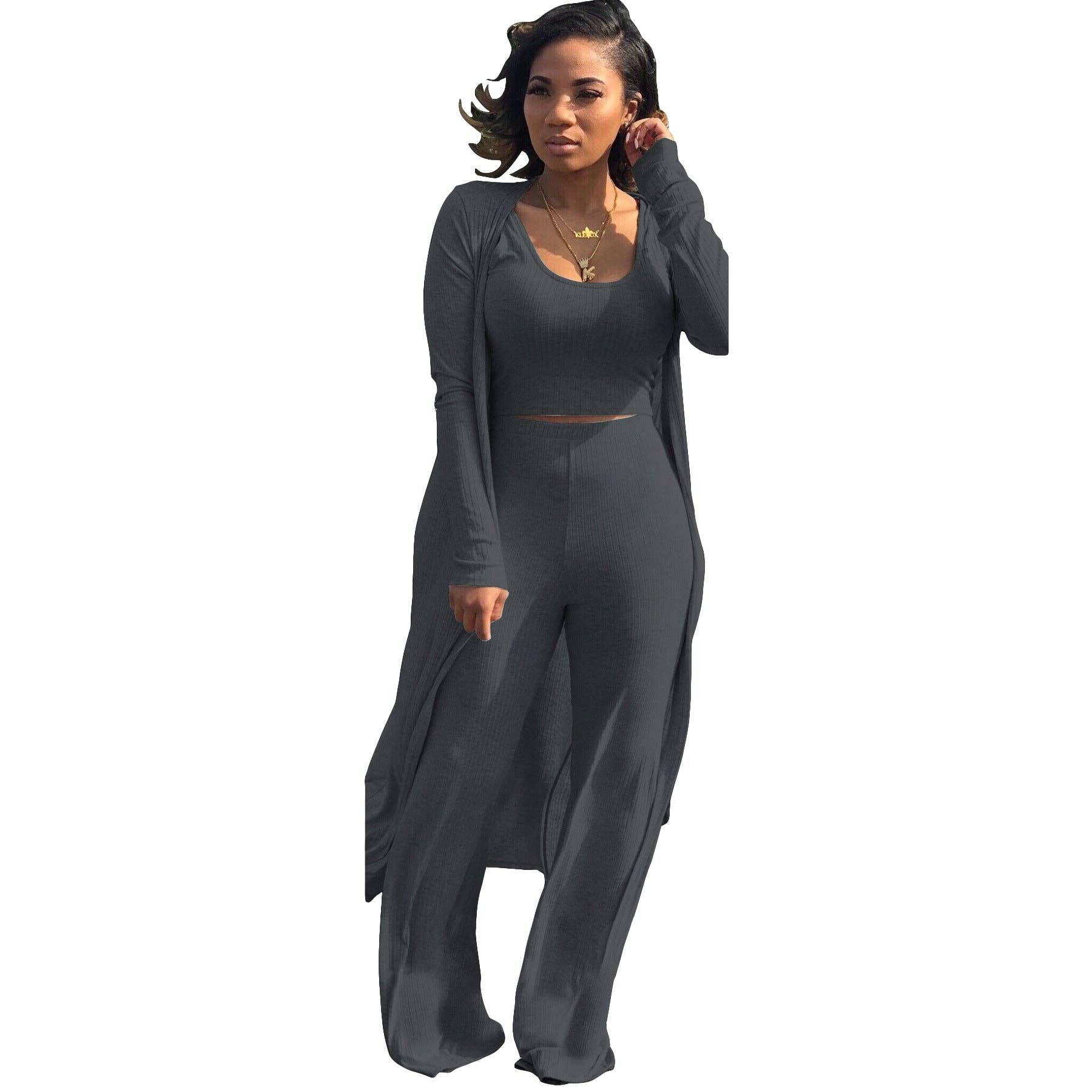 MB FASHION RIBBED CARDIGAN AND CROP TOP 3 PCS SET 9294LY
