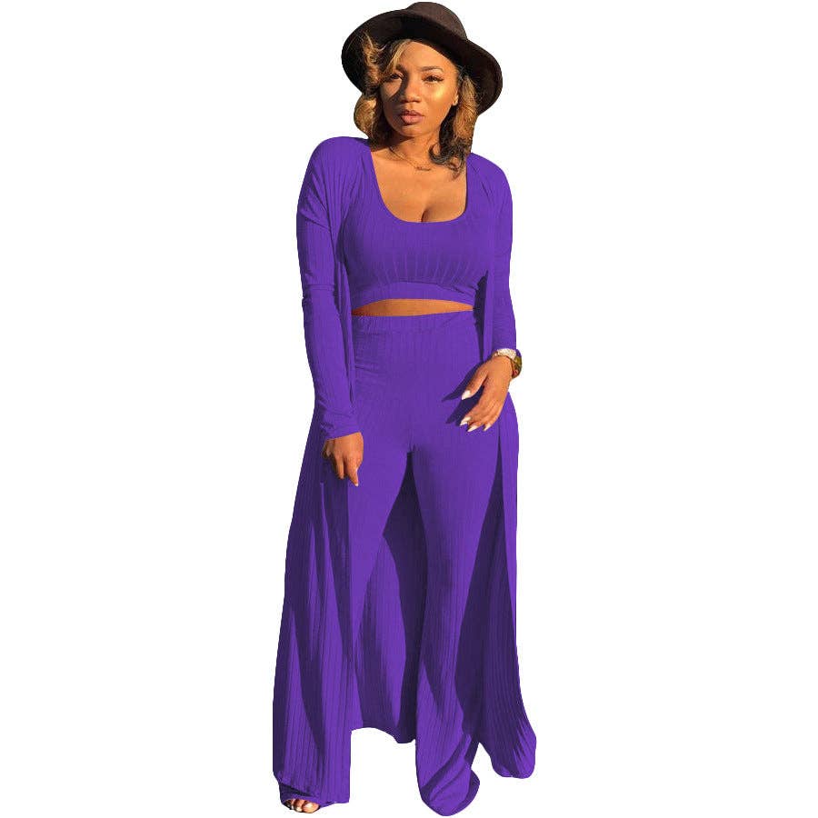 MB FASHION RIBBED CARDIGAN AND CROP TOP 3 PCS SET 9294LY