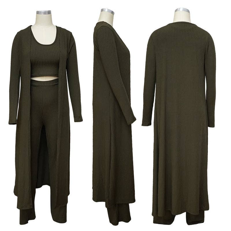 MB FASHION RIBBED CARDIGAN AND CROP TOP 3 PCS SET 9294LY