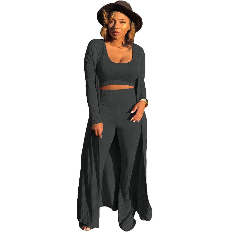 MB FASHION RIBBED CARDIGAN AND CROP TOP 3 PCS SET 9294LY