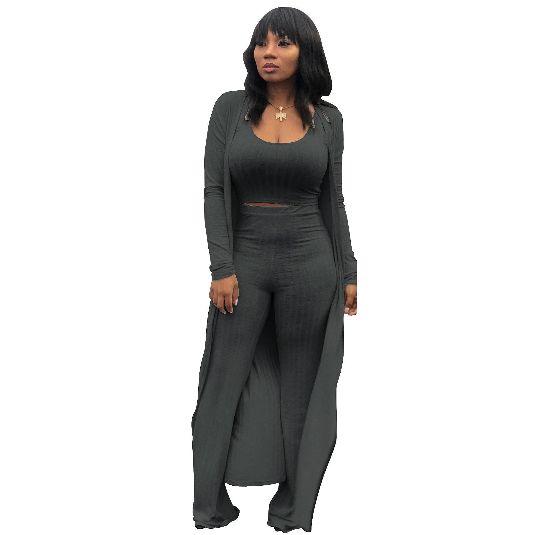 MB FASHION RIBBED CARDIGAN AND CROP TOP 3 PCS SET 9294LY